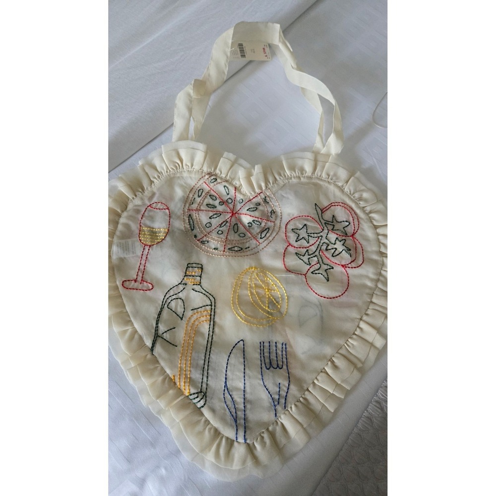 Maeve Anthropologie Heart Embroidered Ruffle Tote Bag Yellow Pizza Wine NWT